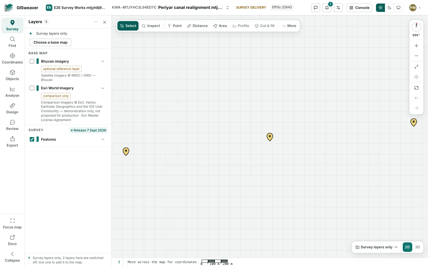 The GISweaver map with a published release open: a layers panel naming the release, measurement tools along the top, and three survey points on the map.